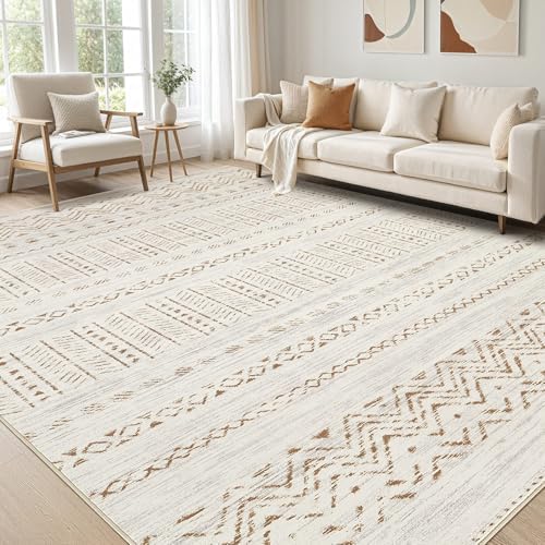 Large Living Room Area Rug 8x10: Soft Machine Washable Boho Moroccan Farmhouse Rugs for Bedroom Under Dining Table - Non-Slip Neutral Morden Indoor Floor Rug Carpet for Home Office Decor - Brown/Cream