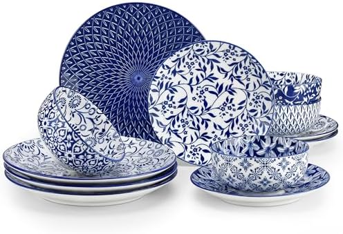 vancasso SELENE Plates and Bowls Set for 4, 12 Pieces Dinnerware Sets, Mircowave and Dishwasher Safe Dishes Set, Porcelain Blue Dinnerware
