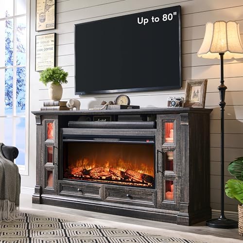 OKD Fireplace TV Stand for up-to-80 TV, Farmhouse 36" Tall Entertainment Center with 42" Electric Fireplace, Media Console with Glass Door Cabinets & Drawers for Living Room, Dark Rustic Oak