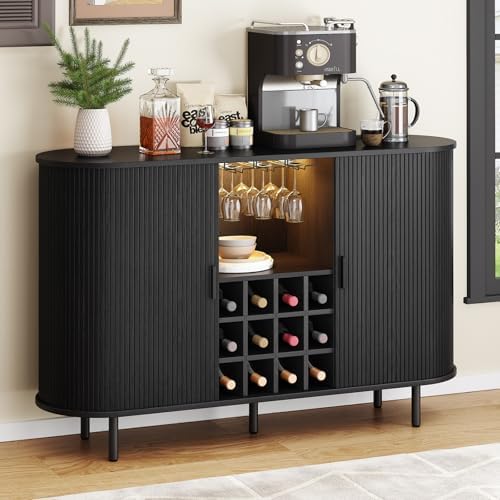 ONBRILL 55" Wine Bar Cabinet with LED Light,Modern Liquor Whiskey Coffee Station with Wine Rack and Glass Holder, Farmhouse Buffet Sideboard with Storage for Living Room, Kitchen, Entryway (Black)