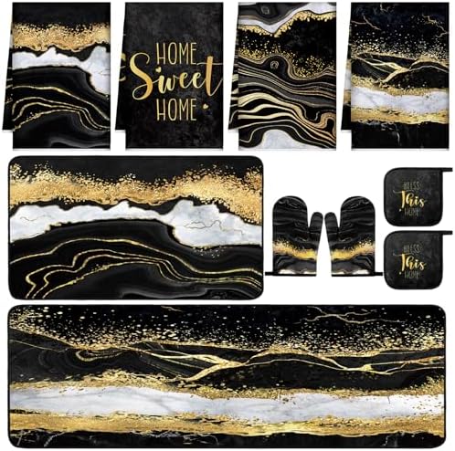 10 Pcs Marble Farmhouse Kitchen Decor Accessories Set Marble Kitchen Dish Towels Rugs Oven Mitts and Pot Holders Sets for Cooking Baking Daughter Mom Gift(Black)