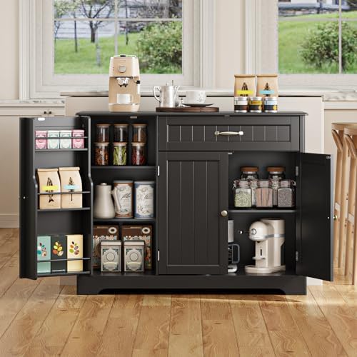 Gizoon Kitchen Sideboard Buffet Cabinet with Storage Small Coffee Bar Cabinet with Drawer, Kitchen Pantry Storage Cabinet with Door and Shelves for Bathroom and Living Room, Black