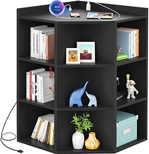 Aheaplus Corner Cabinet, Black Corner Storage with USB Ports and Outlets, Corner Cube Toy Storage for Small Space, Wooden Cubby Corners Bookshelf with 9 Cubes for Playroom, Bedroom, Living Room, Black