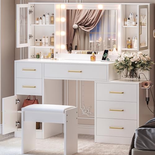 Makeup Vanity Desk with Mirror and Lights, 51" Makeup Vanity with Lights & Charging Station, Dressing Table Vanity Set for Bedroom, White Vanity Table with Cushioned Stool, 6 Drawers and 3 Cabinet