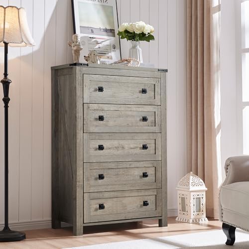 T4TREAM Farmhouse 5 Drawers Dresser Chests for Bedroom, Wood Rustic Tall Chset of Drawers,Dressers Organizer for Bedroom, Living Room,Hallway, Light Rustic Oak