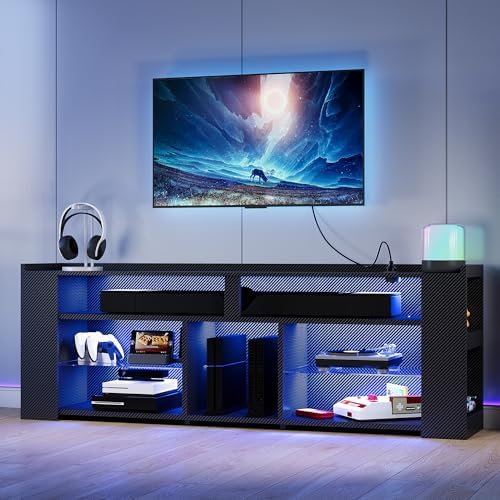 IRONCK Entertainment Center with Storage, 70.9 Inch Tall TV Stand with Power Outlet, LED Gaming TV Cabinet for PS4, Black TV Stand with Carbon Fiber