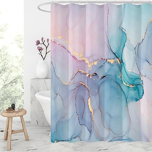 Gibelle Abstract Marble Shower Curtain, Watercolor Pink Turquoise Shower Curtain for Bathroom, Modern Ink Art Decor Waterproof Fabric Shower Curtain Set with Hooks, 71x71
