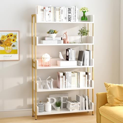 Wide Open Shelf Bookcase - Modern 5-Tier Floor Standing Display Bookshelf with Top Edge for Home and Office, Storage Shelving in Warm White with Gold Frame