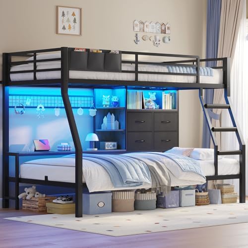 BTHFST Bunk Bed Twin Over Twin with 4 Storage Drawers & Shelves & Bedside Caddy, Twin Bunk Beds with Charging Station & Led Lights, Metal Bunk Bed with Safety Guardrail & Angled Ladder, Black & Grey