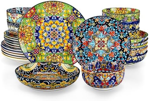 vancasso 24 Pieces Dinnerware Sets, Plates and Bowls Set, Porcelain Dishes Set for 6, Microwave and Dishwasher Safe, Scratch Resistant, Bohemian Style Dining Ware Service for 6, Series SIMI