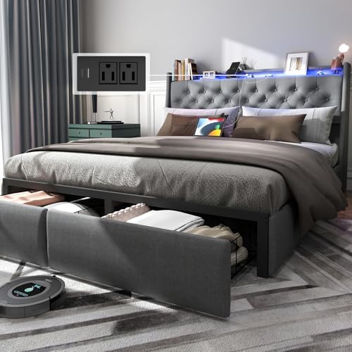 Full Size Bed Frame with 2 Storage Drawers and LED Lights, Upholstered Platform Full Bed with Button Tufted Headboard and Charging Station, No Box Spring Needed, Easy Assembly, Gray