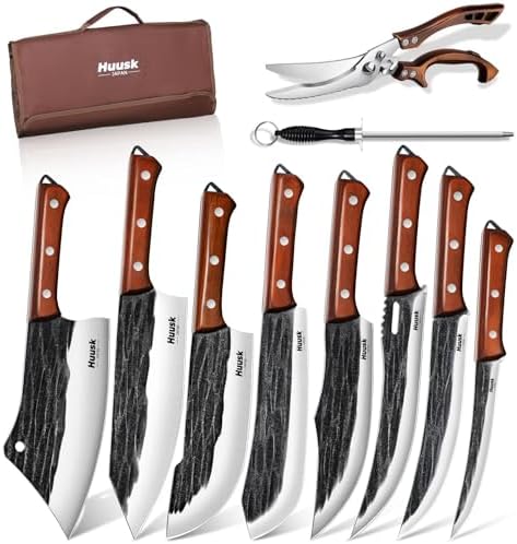 Huusk Butcher Knife Set, Hand Forged Butcher Chef Knife Set with Bag, Sharp Meat Cleaver & Bbq Carving Knives & Boning Breaking Knives for Kitchen & Camping, Gift for Men Women