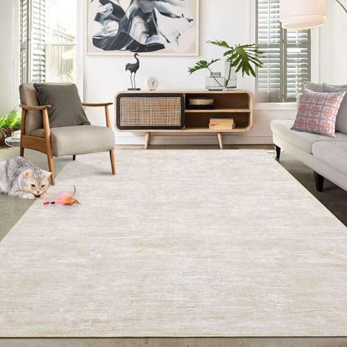 RUGSREAL Washable Rug 10x13 for Living Room Modern Abstract Area Rug Non-Slip Large Contemporary Bedroom Rug Stain Resistant Aesthetic Accent Floor Carpet Foldable Solid Rug for Home Office, Beige