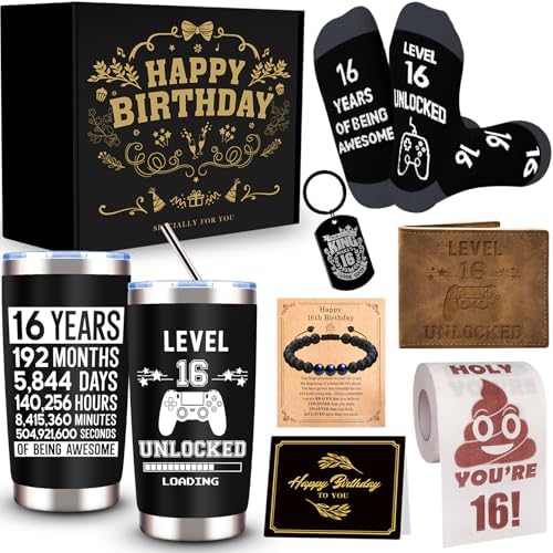 8 Pcs Happy 16th Birthday Gifts for Boys, 16 Year Old Boy Birthday Gifts Ideas with 20 Oz Tumbler, Funny Socks, Toilet Paper, Teen Wallet, Bracelet, Keychain for Son, Nephew, Grandson, Brother