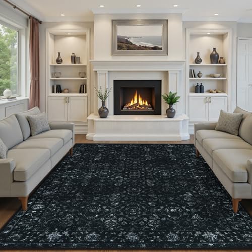 Vintage Black Rugs for Living Room, Ultra-Thin Washable Rugs 8x10 for Bedroom Non Slip, Non Shedding Soft Boho Carpet Rug for Dining Room Office (8'x10', Black)
