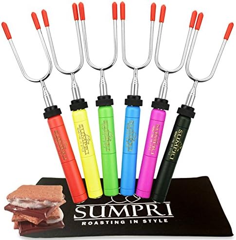 Smores Sticks For Fire Pit - Marshmallow Roasting Sticks For Campfire, Rotating Smore Sticks Set of 6 - Safe, Fun Telescoping Multicolored 34 Inch Hot Dog Sticks - SUMPRI Long Camping Skewers