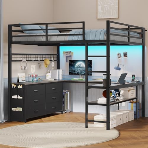 ADORNEVE Loft Bed Full Size with U-Shaped Desk, 6 Storage Drawers, Power Outlet, LED Metal Loft Bed with 2 Storage Shelves, Bed with Safety Guardrail & Ladders, No Box Spring Needed, Grey