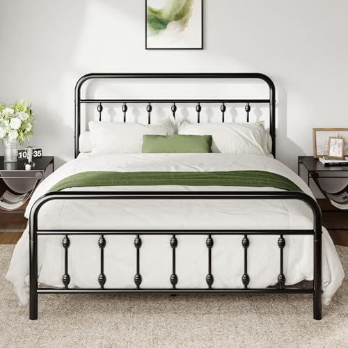 Allewie Queen Size Metal Platform Bed Frame with Victorian Style Iron-Art Headboard and Footboard, Easy Assembly, Under Bed Storage, No Box Spring Required, Black