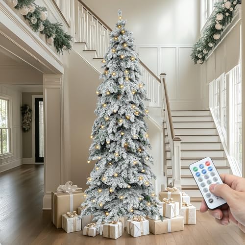 YITAHOME Pre-Lit Flocked Drooping Pencil Spruce Christmas Tree with Pine Cone 11FT, Natural Layered Spruce Christmas Tree w/Remote Control, 2288 Branch Tips and 700 Lights for Home, Office Decoration