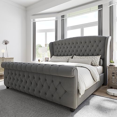 AMERLIFE Queen Size Platform Bed Frame, Velvet Upholstered Sleigh Bed with Scroll Wingback Headboard & Footboard/Button Tufted/No Box Spring Required/Grey