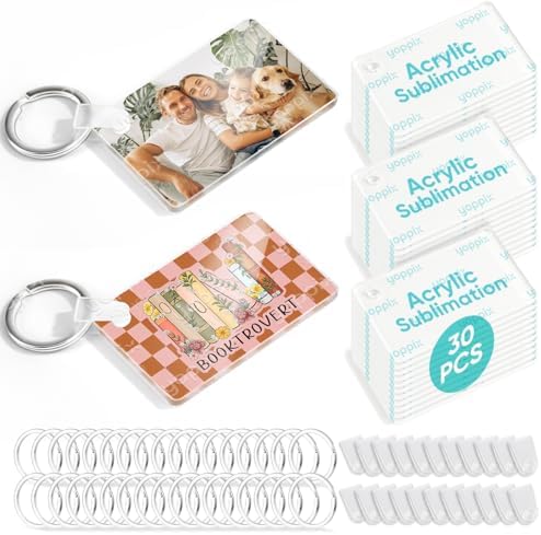 90 Pcs Sublimation Acrylic Keychain Blanks, with 30 Fixing Clips and 30 Key Rings for Heat Transfer Keychain Bag Decor Pet Necklace Christmas Tree Decor, Home Gift Crafts Supplies