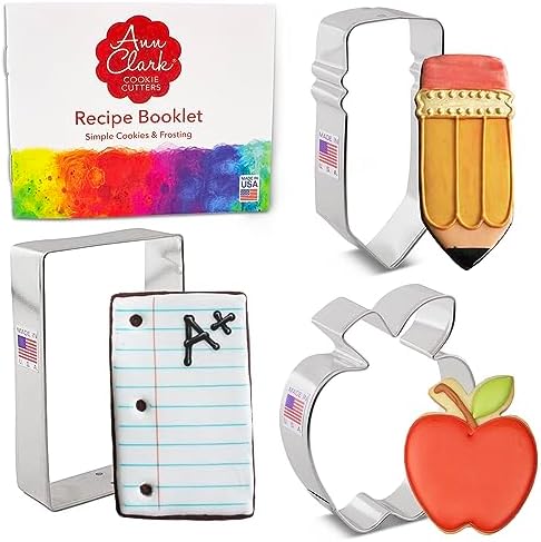 Ann Clark Cookie Cutters Back to School & Teacher Appreciation Cookie Cutters 3-Pc. Set Made in the USA, Apple, Pencil, Notebook