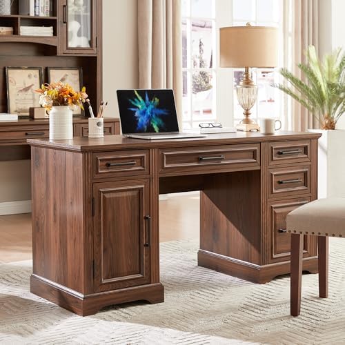 JXQTLINGMU 58" Executive Desk, Farmhouse Computer Desk with Drawers and Cabinet, Embossed Texture Home Office Desk w/Charging Station, Workspace for Work Study Writing, Dark Brown