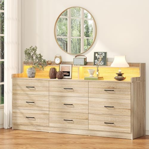 Bigbiglife 9 Drawer Dresser with Built-in Power Outlet, Mid Century Modern Chest of Drawers for Bedroom,63'' Triple Wide Dresser Storage Cabinet for Closet, Living Room, Entryway,Light Wood