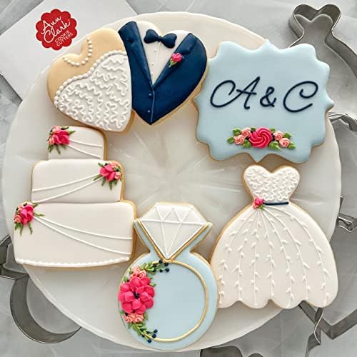 Ann Clark Cookie Cutters Wedding Cookie Cutters 5-Pc Set Made in the USA, Square Plaque, Wedding Cake, Wedding Dress, Diamond Ring, Double Heart