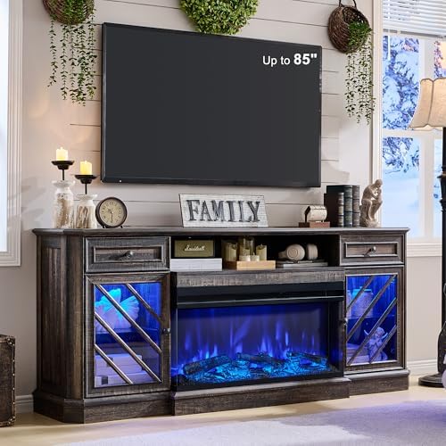OKD 75 Inch 3-Sided Electric Fireplace TV Stand for TVs up to 85'',Modern Highboy Entertainment Center with 36" Fireplace & LED Lights,Widen Drawers and Glass Door Storage Cabinet, Dark Rustic Oak
