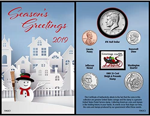 American Coin Treasures Snowman Coin Year to Remember 2019 Holiday Card | Genuine United States JFK Half Dollar Coin | Sleigh and Presents Stamp