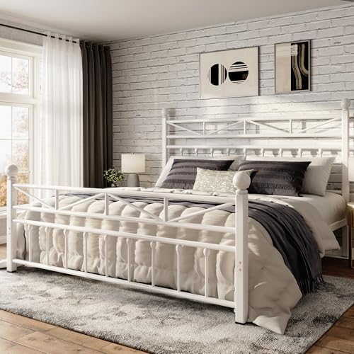 EnHomee 54" Metal King Bed Frame with Tall Headboard & Footboard, LED Light King Bed Frame, Strong Metal Slats Support and Noise-Free Design with Under Bed Storage/No Box Spring Needed/White