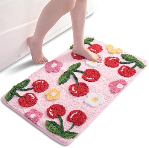 Anybar Pink Bathroom Rugs Cute Cherry Bath Mat Coloful Bathroom Accessories, Funny Flower Rug Non Slip Floor Mat, Machine Washable Bath Rug Soft Microfiber Carpet for Shower, Tub (20x32 inch)