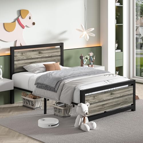 Catrimown Twin Size Bed Frames, Twin Bed Frames with Headboard and Footboard, Heavy Duty Metal Twin Platform Bed Frame, Noise-Free, No Box Spring Needed, Easy Assembly, Wash Grey
