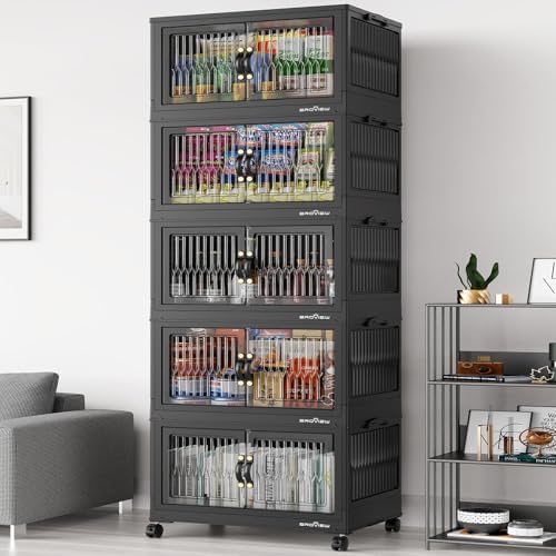BROVIEW 400Qt Stackable Storage Bins with Lid, Extra Large Closet Organizer Collapsible Drawer Boxes with Wheels, Folding Plastic Cabinet Containers for Home Kitchen Room Organization, 5Pack Black