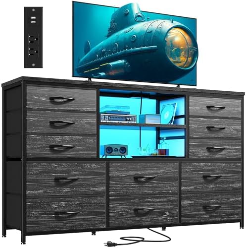 EnHomee Black Dresser with LED Lights & Power Outlets, 12 Drawer Dresser TV Stand for 60'' TV Stand for Bedroom Dressers & Chest of Drawers, Sturdy Metal Frame, Living Room,Hallway