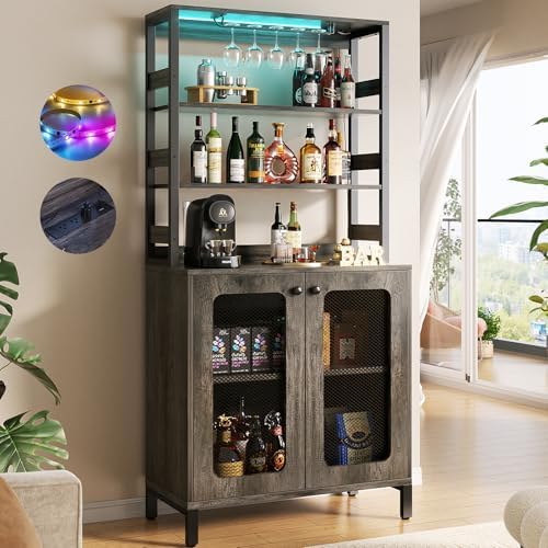 Aheaplus Bar Cabinet with Power Outlets, 67" Tall Wine Bar Cabinet Liquor Cabinet with LED Lights and Glass Holder, Coffee Bar Station for Living Room, Microwave Stand Bakers Rack Cabinet, Black Oak