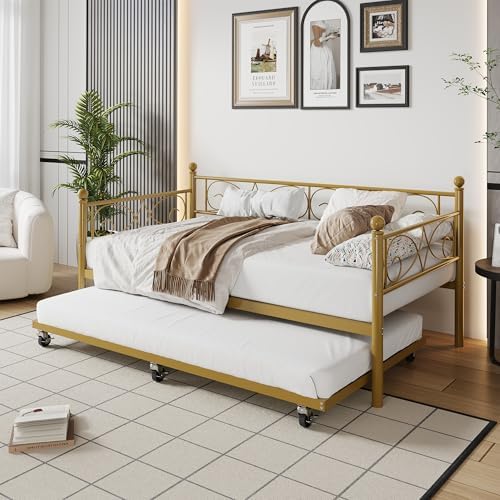 IDEALHOUSE Twin Daybed with Trundle, Metal Trundle Bed, Sofa Bed Frame, Heavy Duty Metal Slats, for Living Room, Bedroom, Guest Room, Space Saving, Gold