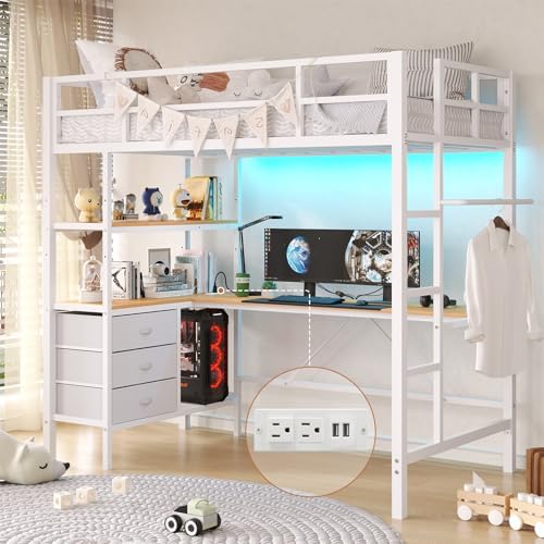 DICTAC Twin Loft Bed with L-Shaped Desk, LED Lights,Charging Station LED Loft Metal Bed Frame Twin Size with 3 Storage Shelves and 3 Fabric Drawers, Safety Guard & Ladder, No Box Spring Needed, White