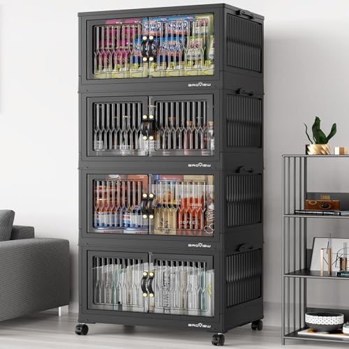 BROVIEW 320Qt Stackable Storage Bins with Lid, Extra Large Closet Organizer Collapsible Drawer Boxes with Wheels, Folding Plastic Cabinet Containers for Home Kitchen Room Organization, 4Pack Black