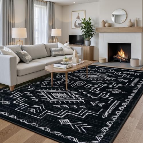 STARUIA Washable 8x10 Black and White Area Rug for Living Room, Western Aztec Tribal Moroccan Area Rug, Boys Neutral Rug for Bedroom, Non-Slip Large Carpet Under Dining Table Home Office