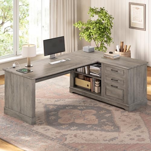 SEDETA Executive Desk, 61" Farmhouse L Shaped Desk with File Drawers, Office Desk with Drawers and Power Outlets, Computer Desk with Storage Shelves for Home Office, Grey