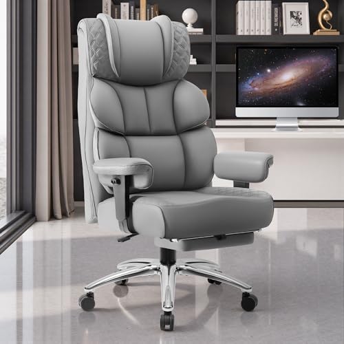 Office Desk Chair, Big and Tall Leather Gaming Chair with Footrest, Wide Ergonomic Comfy Executive High-Back Reclining Computer Chairs, Swivel Rolling Wheels and Padded Lumbar Support, Gray