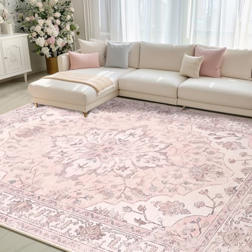 Area Rugs 8'x10' Washable Non-Slip, Floral Vintage Distress Print Pattern Medallion Carpet for Living Room Bedroom Dining Room, Pink Greypink Cute
