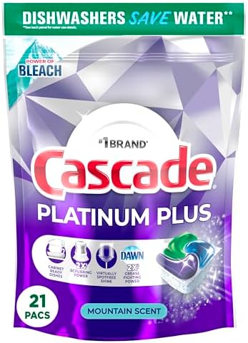 Cascade Platinum Plus Dishwasher Pods, Dish Detergent ActionPacs, Power of Bleach, 21 Count
