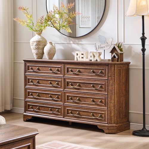 T4TREAM Farmhouse 8 Drawers Dresser for Bedroom, 54" Wide Wood Rustic Chest of Drawers with Natural Texture, Vintage Design, Storage Dressers Organizer for Bedroom, Living Room, Reclaimed Barnwood