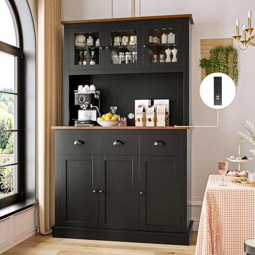MU 71" Kitchen Pantry Cabinet with Charging Station, Tall Kitchen Hutch with Countertop, Drawers & Microwave Shelf, Food Storage Cabinet for Dining Room & Coffee Bar, Black
