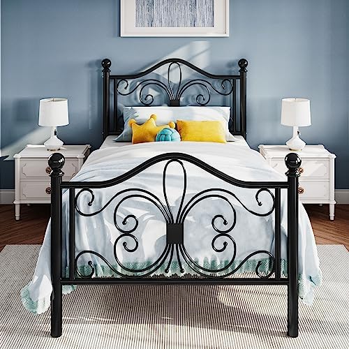 SHA CERLIN Twin Size Bed Frame for Kids,Metal Bed Frame with Butterfly Pattern Design Headboard and Footboard,No Box Spring Needed,Easy Assembly,Black