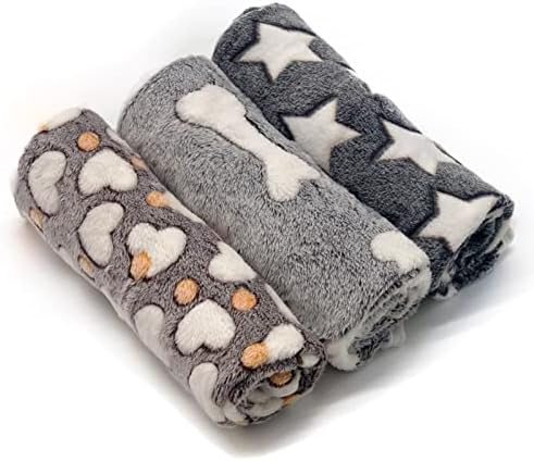1 Pack 3 Puppy Blankets for Large Dogs Super Soft Warm Sleep Mat Grey Cute Print Fluffy Fleece Pet Throw Dog Blankets for Medium Dogs Cats,Star&Bone&Love-Large(40"x30")