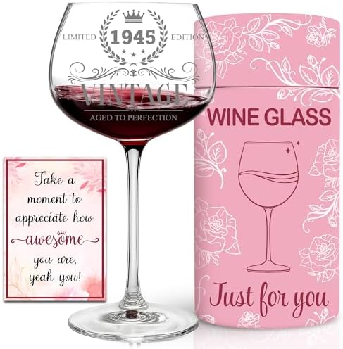 80th Birthday Gifts for Her, Women - 80th Birthday Decorations for Women - Vintage Engraved 1945 Wine Glass - 80 Years Old Bday Gift Ideas for Woman - Turning 80 Present for Her - Gifts for 80th Woman